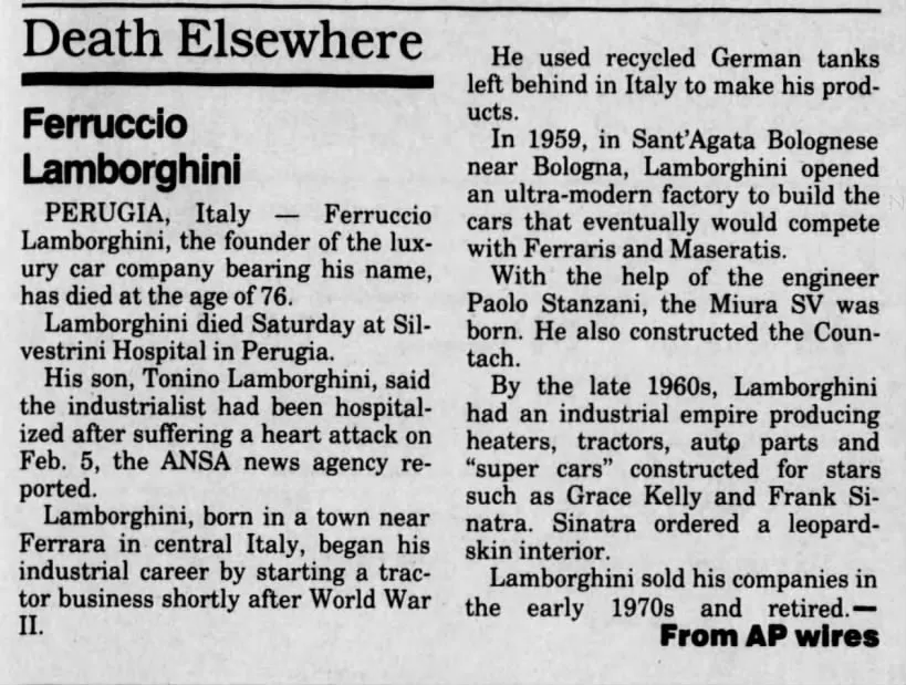 Članak o smrti Ferruccia Lombarginija 1993