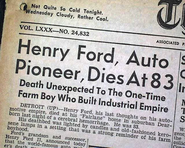 Članak o smrti Henryja Forda 1947